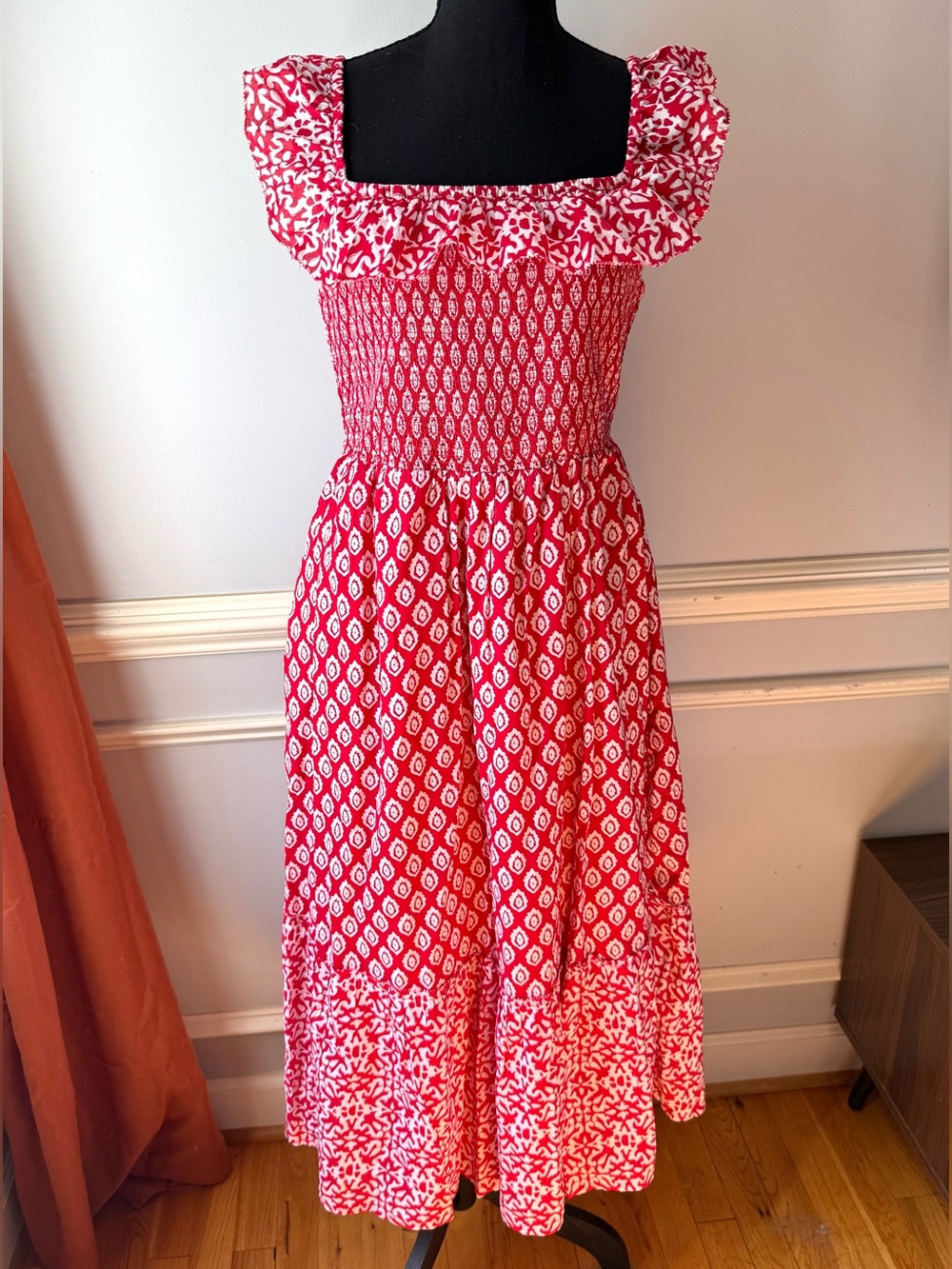 Vineyard Vines Smocked Midi Dress Red White Ruffle Cotton Size L